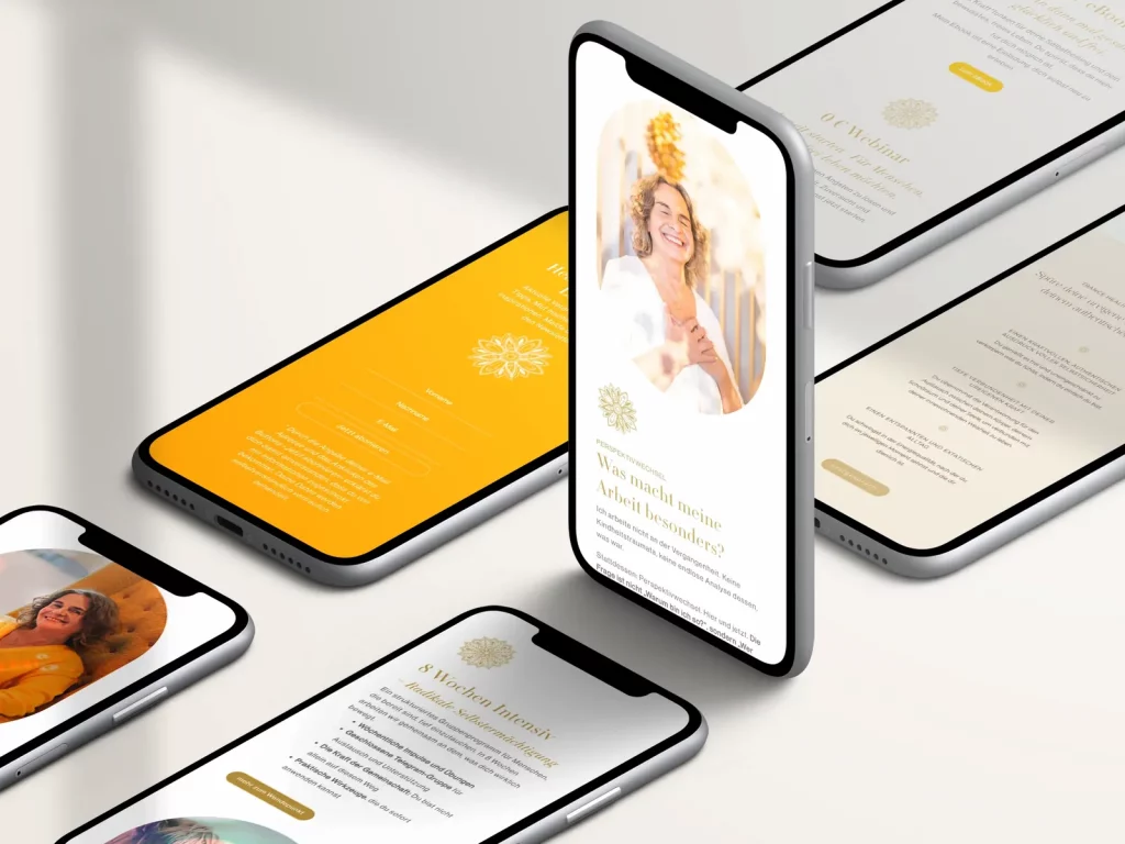 Mobiles Webdesign Bewusstseins-Coaching – Bettina Flossmann Mobiles Webdesign für Bewusstseins-Coaching – Smartphone-Screens der Website Bettina Flossmann