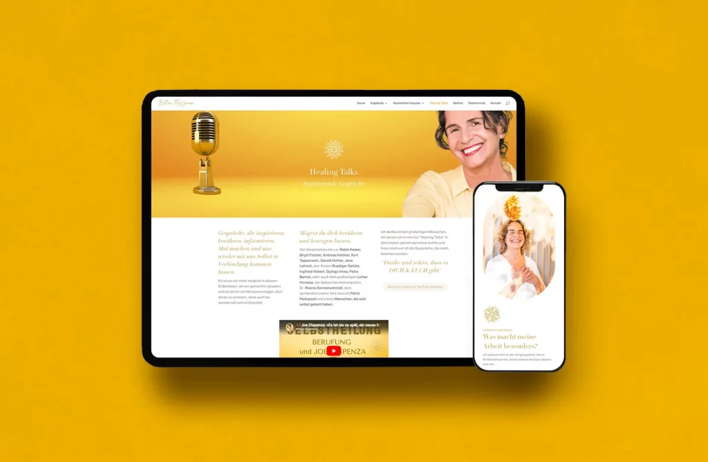 Webdesign für Bewusstseins-Coaching – Startseite von Bettina Flossmann auf Laptop und Smartphone