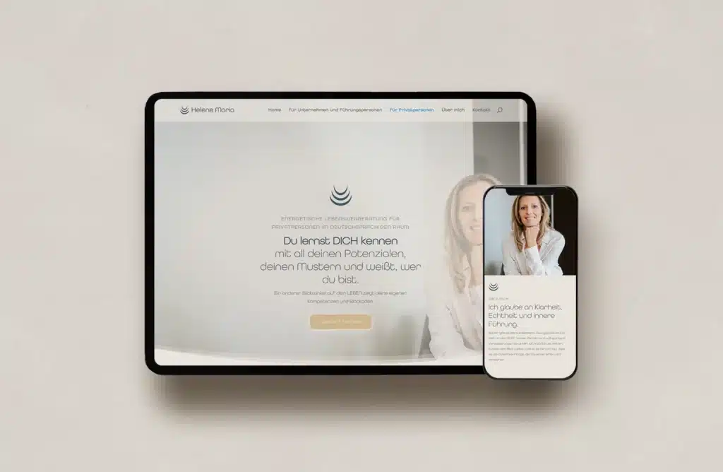 Branding & Webdesign für energetische Business-Beratung – Website von Helene Maria Pongratz auf Tablet und Smartphone