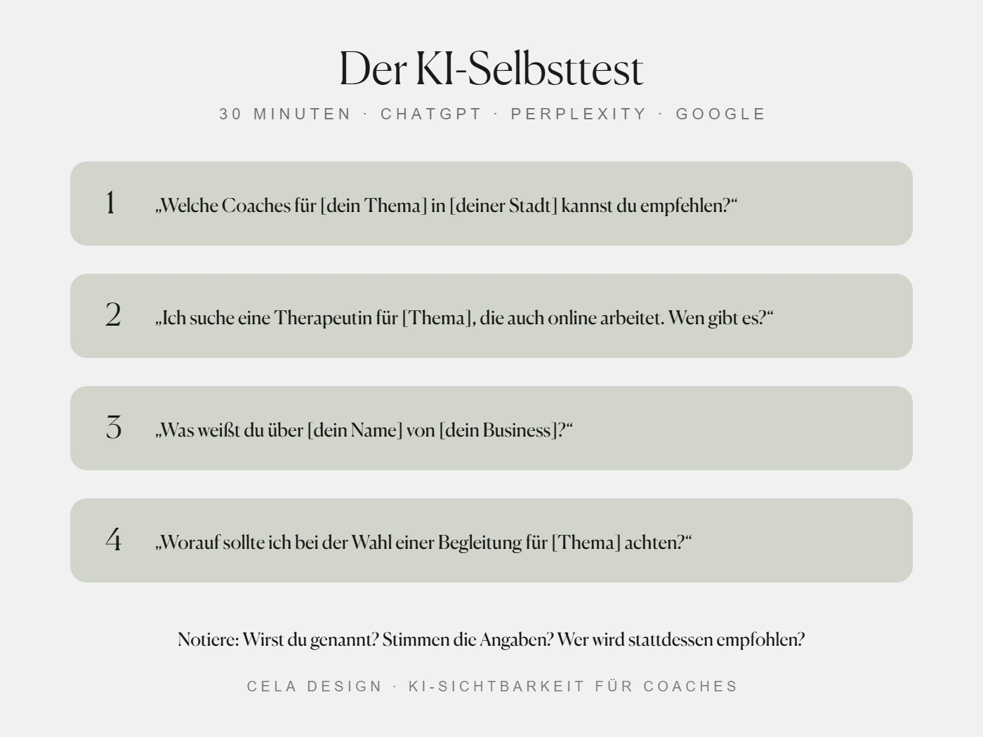 KI-Selbsttest für Coaches: vier Beispielfragen, mit denen du deine KI-Sichtbarkeit in ChatGPT, Perplexity und Google prüfst
